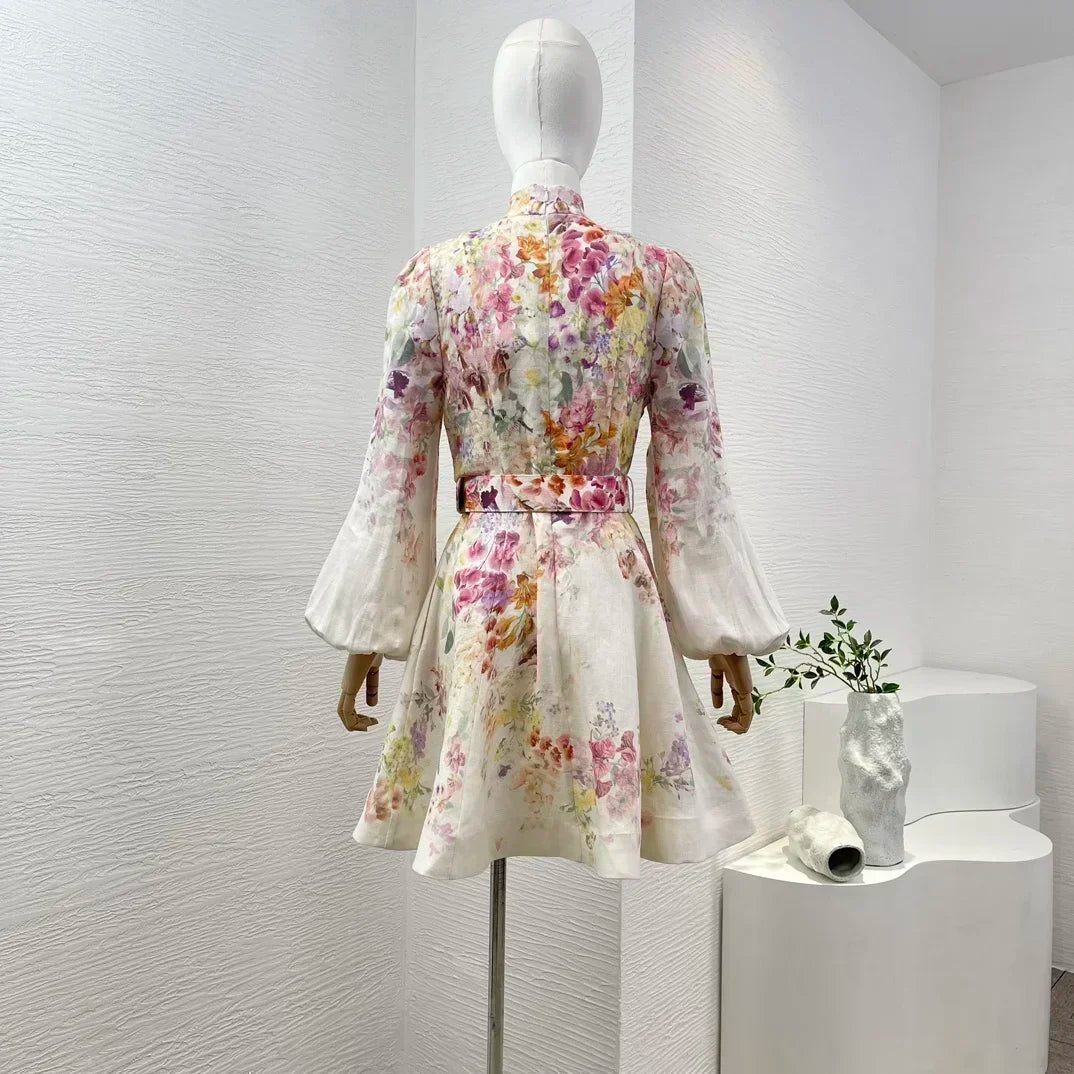 Minivestido blanco de lino con estampado Floral para mujer.