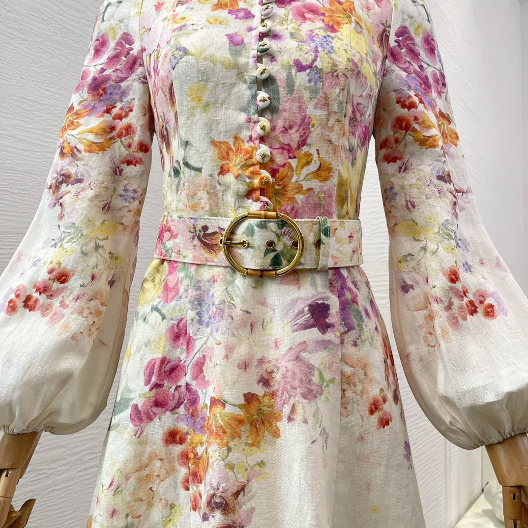 Minivestido blanco de lino con estampado Floral para mujer.