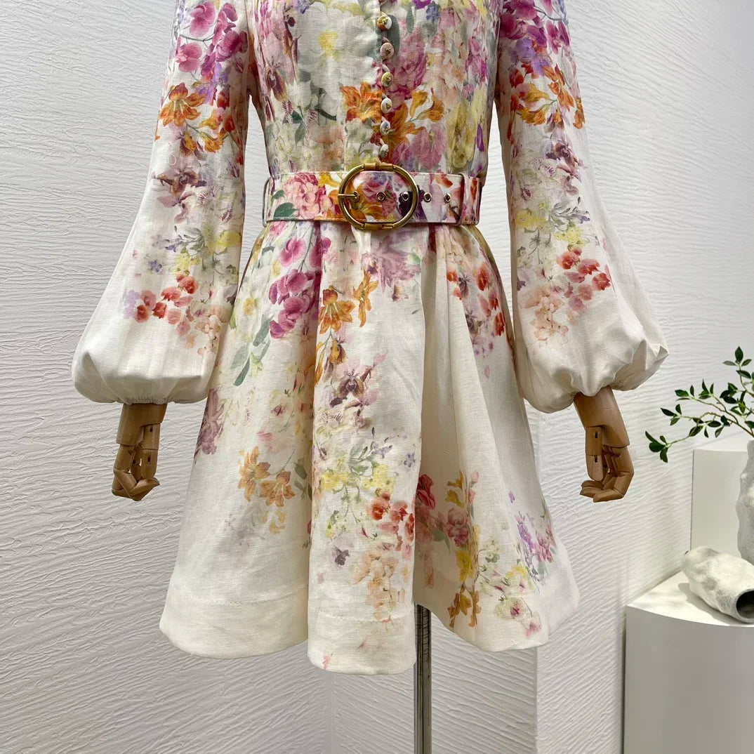 Minivestido blanco de lino con estampado Floral para mujer.