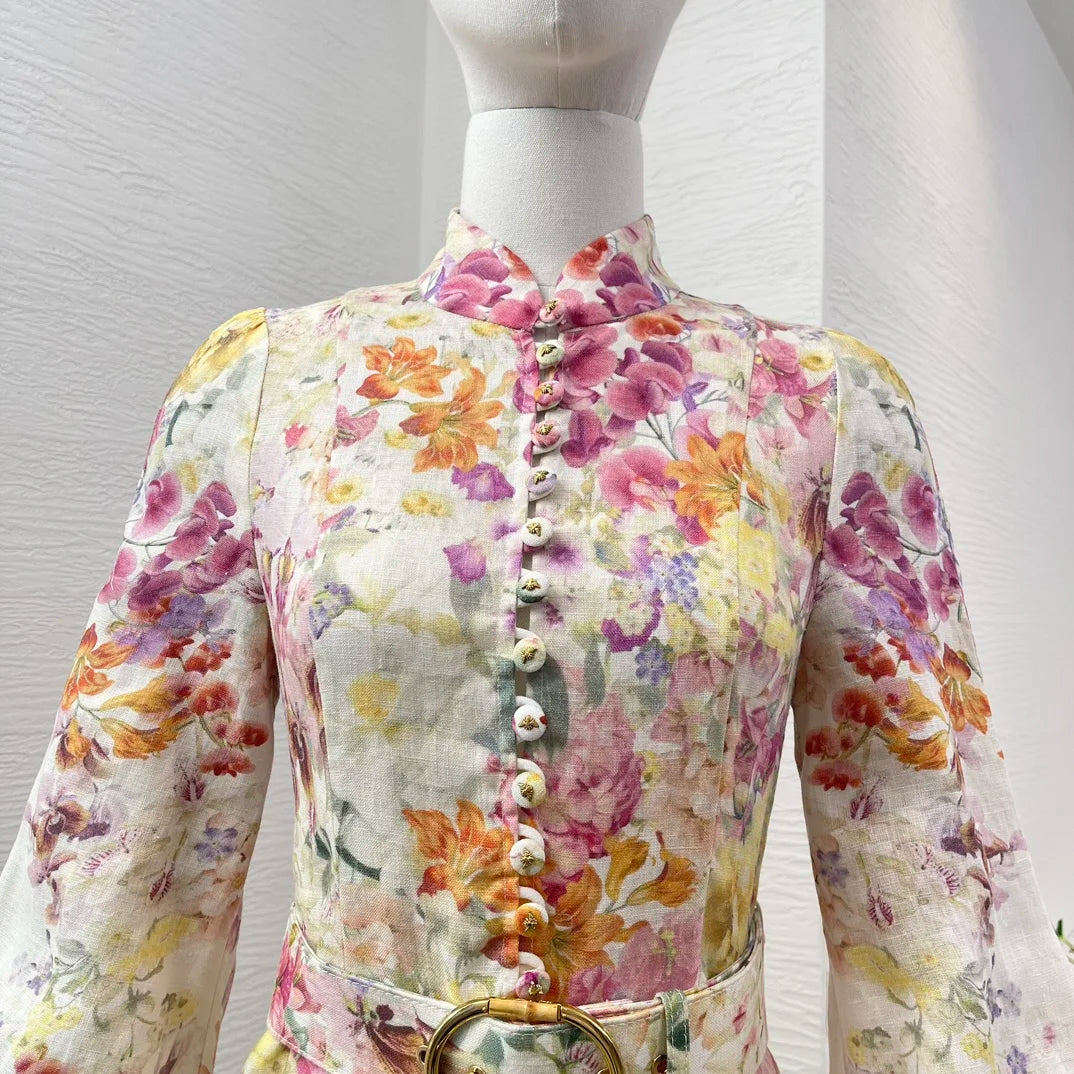 Minivestido blanco de lino con estampado Floral para mujer.