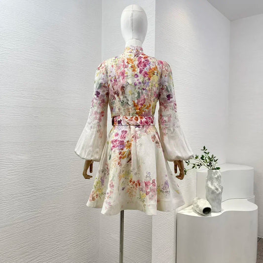 Minivestido blanco de lino con estampado Floral para mujer.
