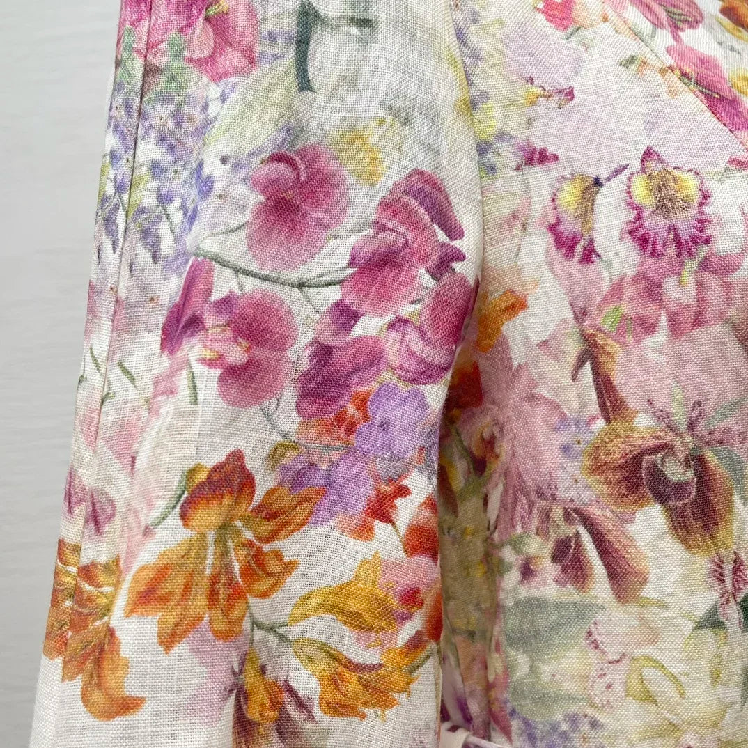 Minivestido blanco de lino con estampado Floral para mujer.