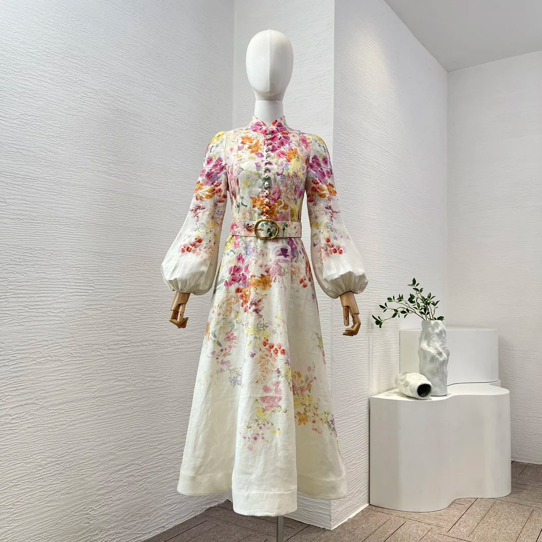 Minivestido blanco de lino con estampado Floral para mujer.