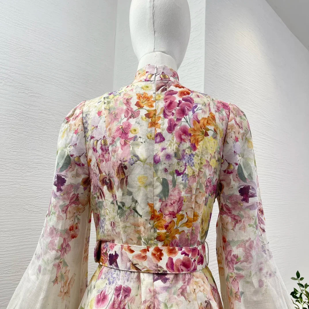 Minivestido blanco de lino con estampado Floral para mujer.