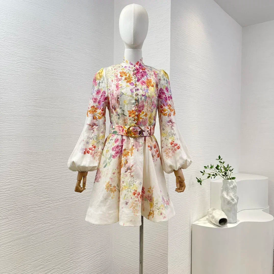 Minivestido blanco de lino con estampado Floral para mujer.