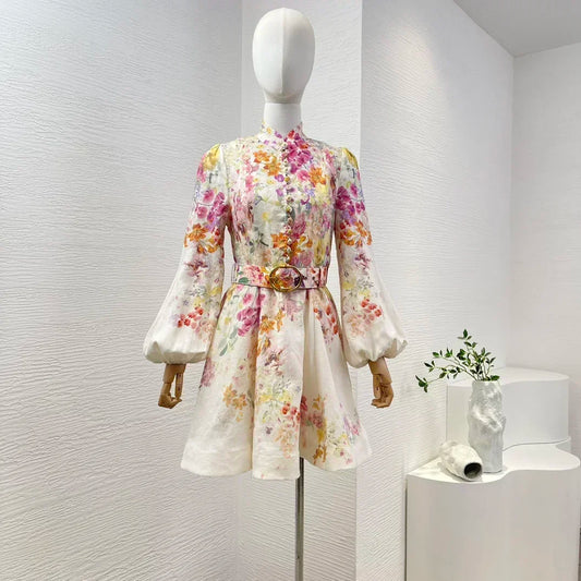 Minivestido blanco de lino con estampado Floral para mujer.