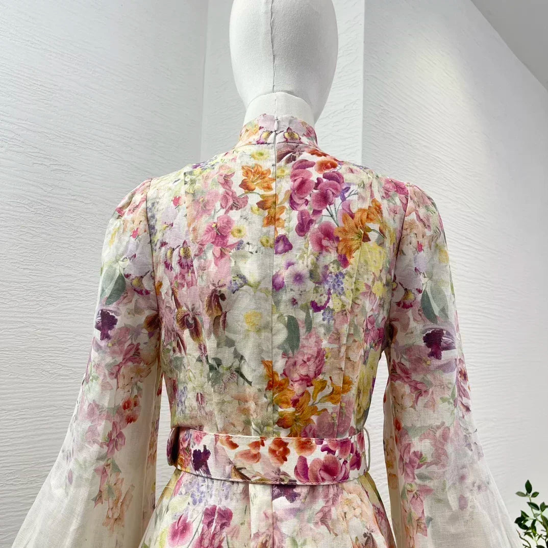 Minivestido blanco de lino con estampado Floral para mujer.