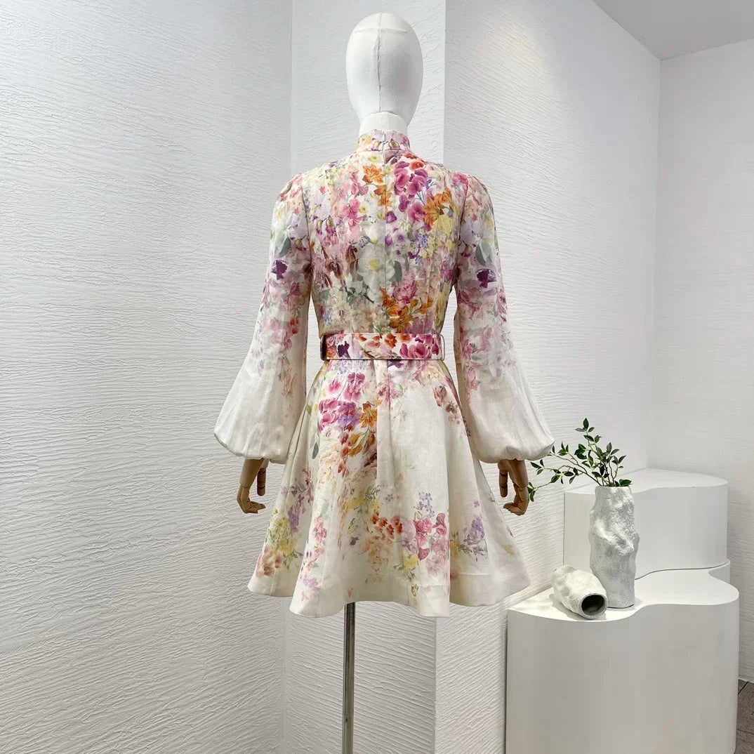 Minivestido blanco de lino con estampado Floral para mujer.